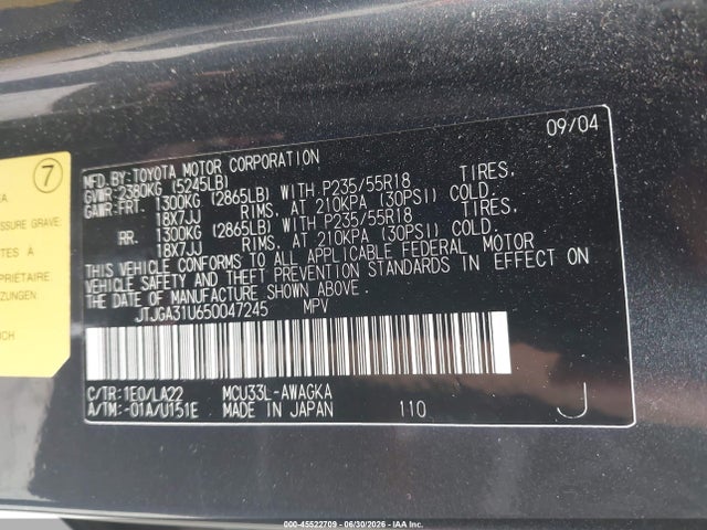 45522709 :رقم المزاد ، JTJGA31U650047245 vin ، 2005 Lexus Rx 330 مزاد بيع