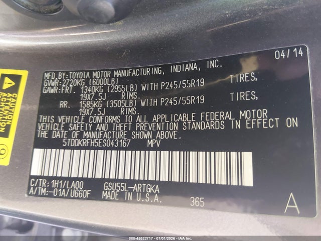 5TDDKRFH5ES043167 Toyota Highlander Limited V6