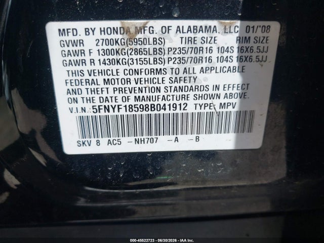 45522723 :رقم المزاد ، 5FNYF18598B041912 vin ، 2008 Honda Pilot Ex-l مزاد بيع