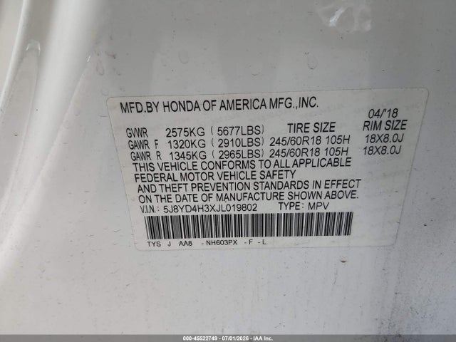 Продаж на аукціоні авто 2018 Acura Mdx, vin: 5J8YD4H3XJL019802, номер лоту: 45522749