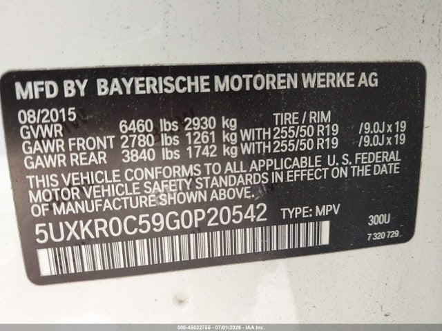 45522755 :رقم المزاد ، 5UXKR0C59G0P20542 vin ، 2016 Bmw X5 Xdrive35i مزاد بيع
