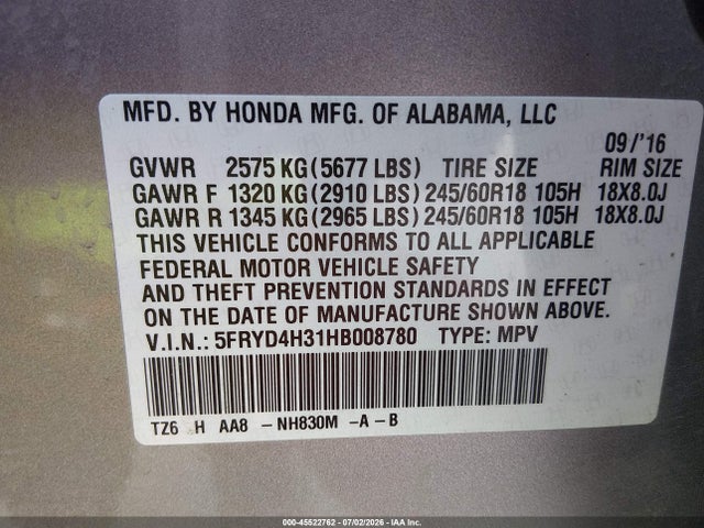 45522762 :رقم المزاد ، 5FRYD4H31HB008780 vin ، 2017 Acura Mdx مزاد بيع