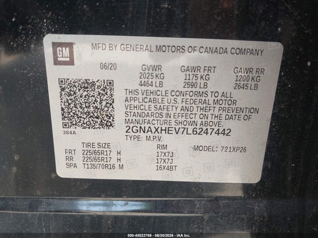 Aukcja sprzedaży 2020 Chevrolet Equinox Fwd Ls, vin: 2GNAXHEV7L6247442, numer aukcji: 45522769