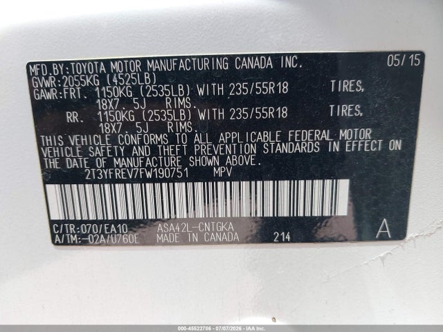 2015 Toyota Rav4 Limited მანქანა იყიდება აუქციონზე, vin: 2T3YFREV7FW190751, აუქციონის ნომერი: 45522786