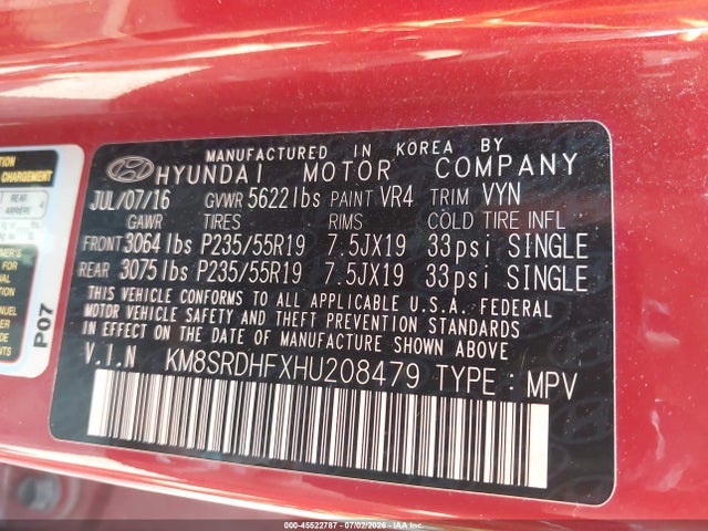 45522787 :رقم المزاد ، KM8SRDHFXHU208479 vin ، 2017 Hyundai Santa Fe Limited Ultimate مزاد بيع