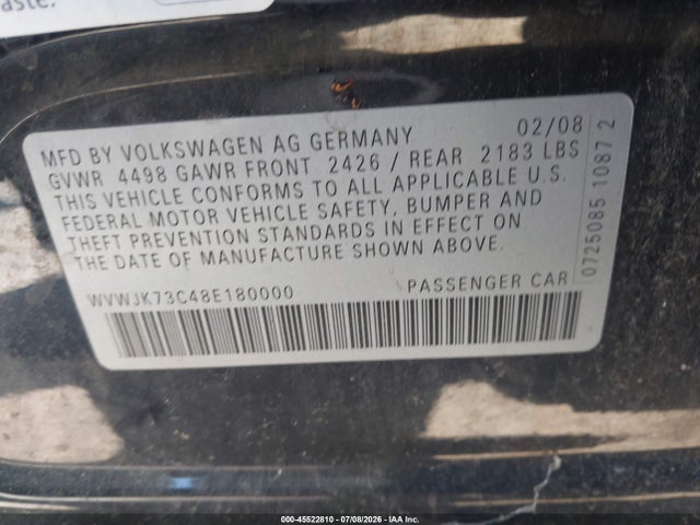 Aukcja sprzedaży 2008 Volkswagen Passat Turbo, vin: WVWJK73C48E180000, numer aukcji: 45522810