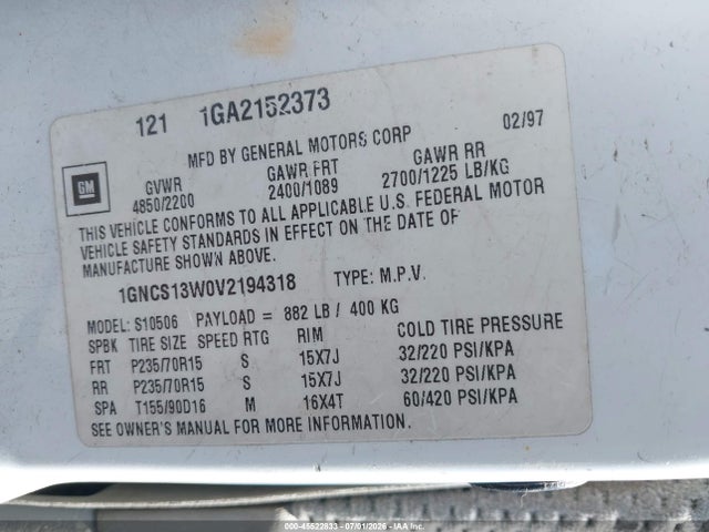 Продажа на аукционе авто 1997 Chevrolet Blazer Ls, vin: 1GNCS13W0V2194318, номер лота: 45522833