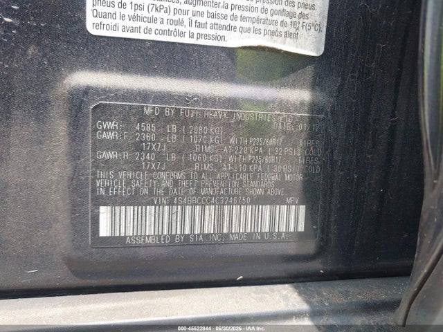 Продаж на аукціоні авто 2012 Subaru Outback 2.5i Premium, vin: 4S4BRCCC4C3246750, номер лоту: 45522844
