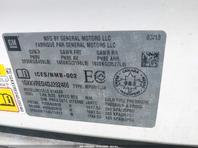 Aukcja sprzedaży 2013 Gmc Acadia Slt-1, vin: 1GKKVRED4DJ202466, numer aukcji: 45522847