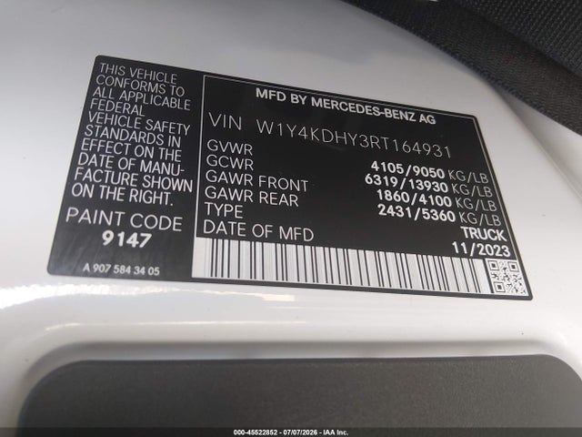 Aukcja sprzedaży 2024 Mercedes-benz Sprinter 2500 High Roof 4-cyl Diesel, vin: W1Y4KDHY3RT164931, numer aukcji: 45522852