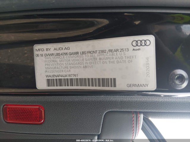 45522876 :رقم المزاد ، WAUENAF44JA187761 vin ، 2018 Audi A4 2.0t Premium/2.0t Tech Premium مزاد بيع