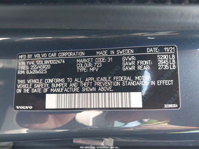 Продажа на аукционе авто 2022 Volvo Xc60 B5 Inscription, vin: YV4L12DL8N1002474, номер лота: 45522883
