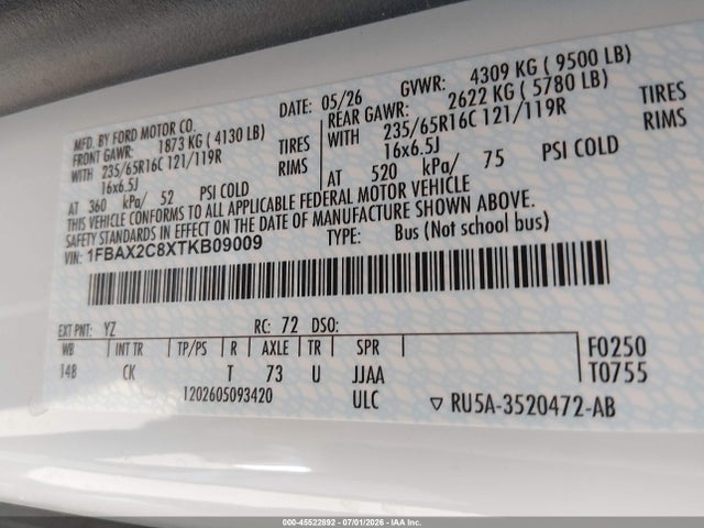 Aukcja sprzedaży 2026 Ford Transit-350 Passenger Van Xl/xlt, vin: 1FBAX2C8XTKB09009, numer aukcji: 45522892