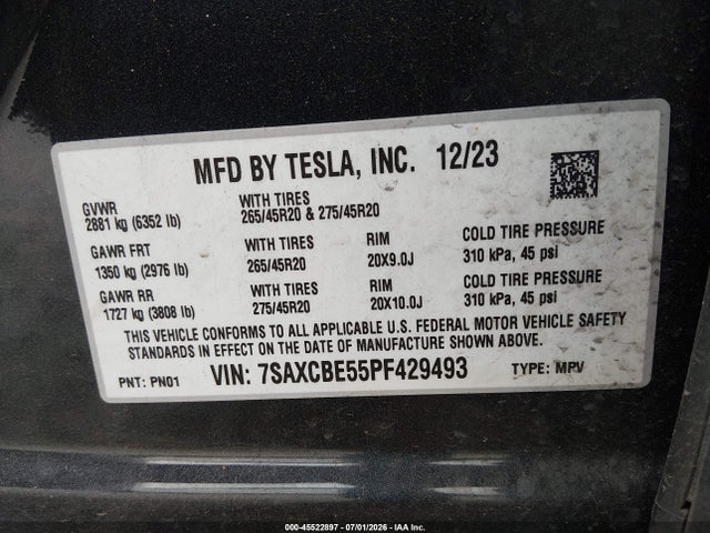 Продажа на аукционе авто 2023 Tesla Model X Dual Motor All-wheel Drive/standard Range, vin: 7SAXCBE55PF429493, номер лота: 45522897