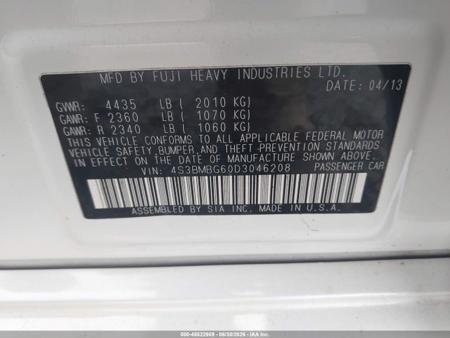 45522909 :رقم المزاد ، 4S3BMBG60D3046208 vin ، 2013 Subaru Legacy 2.5i Premium مزاد بيع