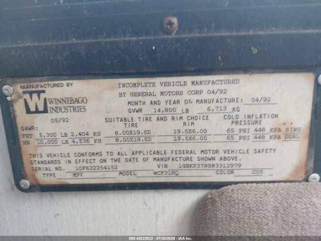 Продаж на аукціоні авто 1992 Chevrolet P30, vin: 1GBKP37N9N3312979, номер лоту: 45522922