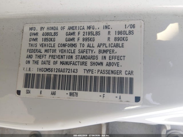 45522939 :رقم المزاد ، 1HGCM56126A072143 vin ، 2006 Honda Accord 2.4 Vp مزاد بيع