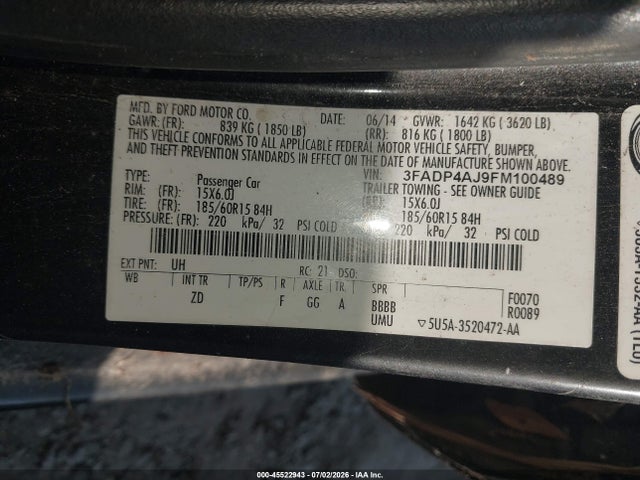 Продажа на аукционе авто 2015 Ford Fiesta S, vin: 3FADP4AJ9FM100489, номер лота: 45522943
