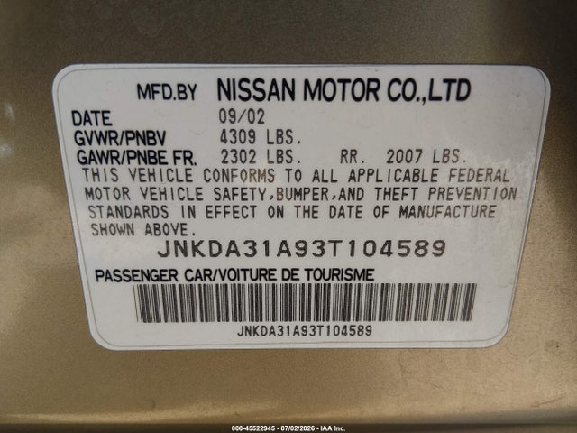 Aukcja sprzedaży 2003 Infiniti I35 Luxury, vin: JNKDA31A93T104589, numer aukcji: 45522945