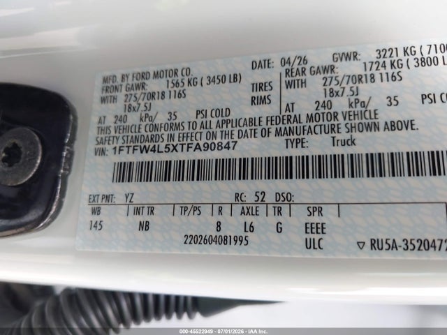 Aukcja sprzedaży 2026 Ford F-150 Tremor, vin: 1FTFW4L5XTFA90847, numer aukcji: 45522949