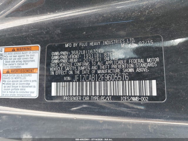 2015 Subaru Brz Premium მანქანა იყიდება აუქციონზე, vin: JF1ZCAB12F9605576, აუქციონის ნომერი: 45522951
