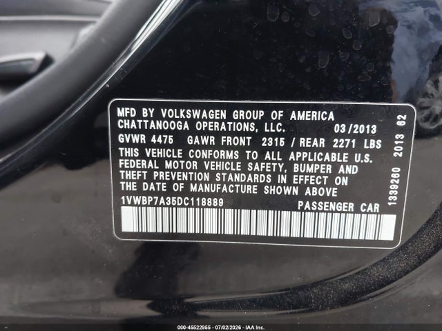 2013 Volkswagen Passat 2.5l Se მანქანა იყიდება აუქციონზე, vin: 1VWBP7A35DC118889, აუქციონის ნომერი: 45522955