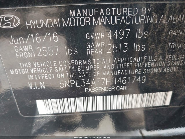 Aukcja sprzedaży 2017 Hyundai Sonata Limited, vin: 5NPE34AF7HH461749, numer aukcji: 45522982