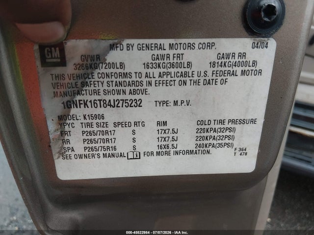 2004 Chevrolet Suburban 1500 Lt მანქანა იყიდება აუქციონზე, vin: 1GNFK16T84J275232, აუქციონის ნომერი: 45522984