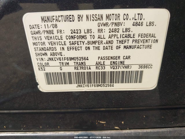 Aukcja sprzedaży 2009 Infiniti G37x, vin: JNKCV61F69M052564, numer aukcji: 45522991