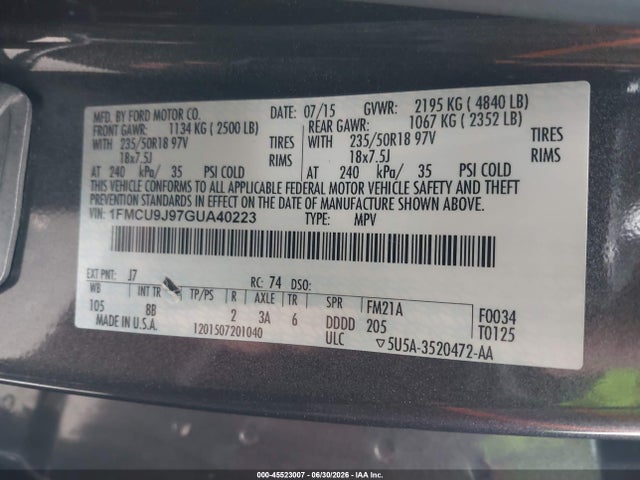 Ford Escape Titanium 2016 1FMCU9J97GUA40223 Image 9