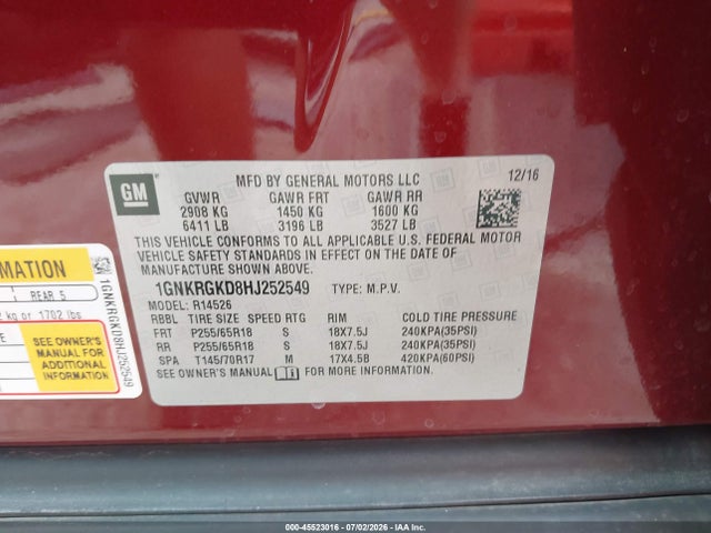 45523016 :رقم المزاد ، 1GNKRGKD8HJ252549 vin ، 2017 Chevrolet Traverse Lt مزاد بيع