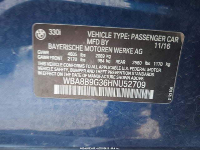 2017 Bmw 3 Series 330i მანქანა იყიდება აუქციონზე, vin: WBA8B9G36HNU52709, აუქციონის ნომერი: 45523017