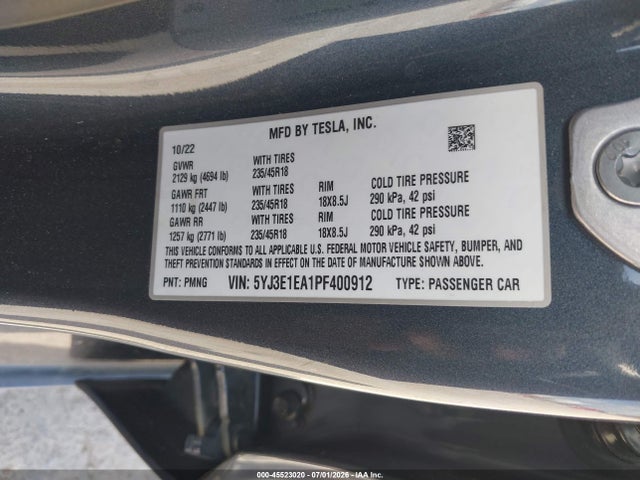 Продаж на аукціоні авто 2023 Tesla Model 3 Rear-wheel Drive, vin: 5YJ3E1EA1PF400912, номер лоту: 45523020