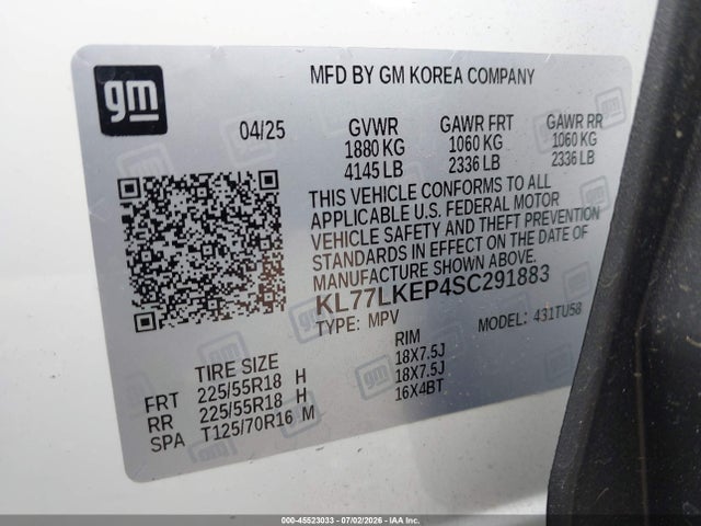 KL77LKEP4SC291883 Chevrolet Trax Fwd Activ