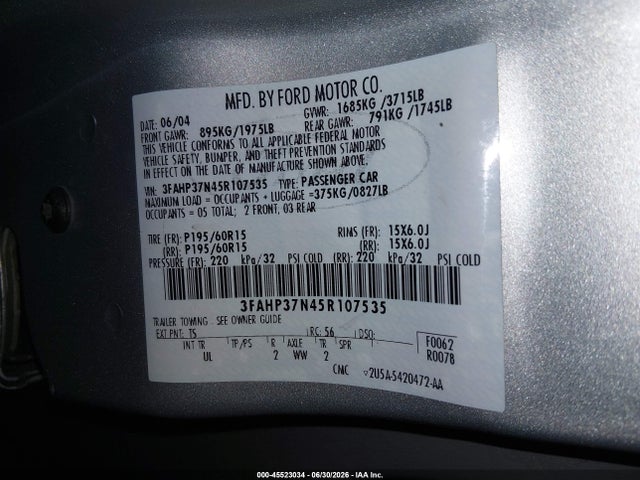 45523034 :رقم المزاد ، 3FAHP37N45R107535 vin ، 2005 Ford Focus Zx5 مزاد بيع
