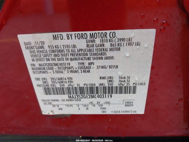Продаж на аукціоні авто 2021 Ford Ecosport Se, vin: MAJ3S2GE2MC403119, номер лоту: 45523047