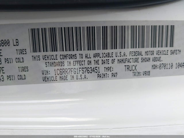 Auction sale of the 2015 Ram 1500 Tradesman, vin: 1C6RR7FG1FS763451, lot number: 45523052