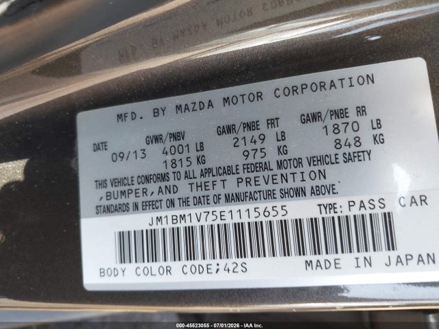 45523055 :رقم المزاد ، JM1BM1V75E1115655 vin ، 2014 Mazda Mazda3 I Touring مزاد بيع