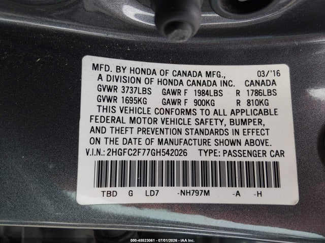 Honda CIVIC EX 2016 2HGFC2F77GH542026 Image 9