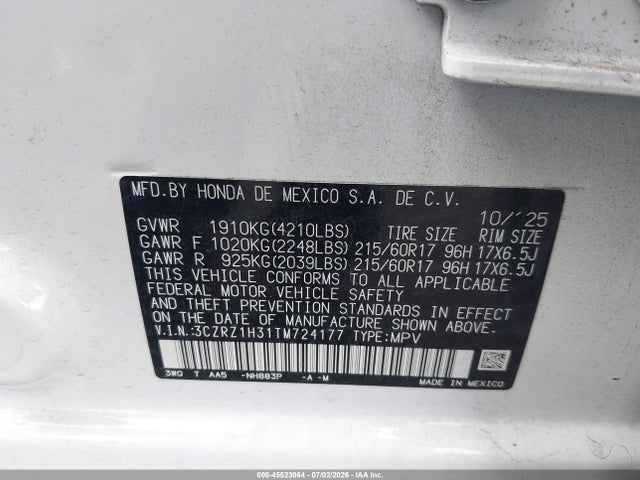 3CZRZ1H31TM724177 Honda Hr-v 2wd Lx