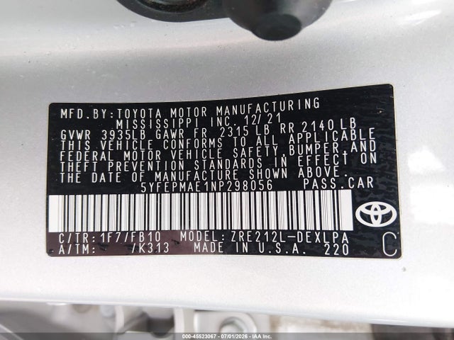 Продажа на аукционе авто 2022 Toyota Corolla Le, vin: 5YFEPMAE1NP298056, номер лота: 45523067