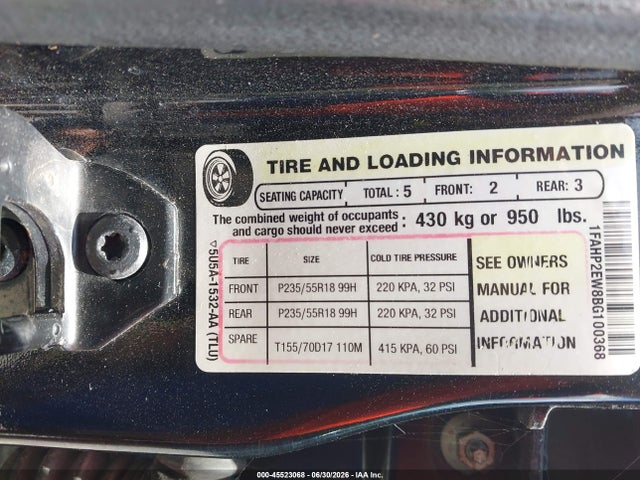 45523068 :رقم المزاد ، 1FAHP2EW8BG100368 vin ، 2011 Ford Taurus Sel مزاد بيع