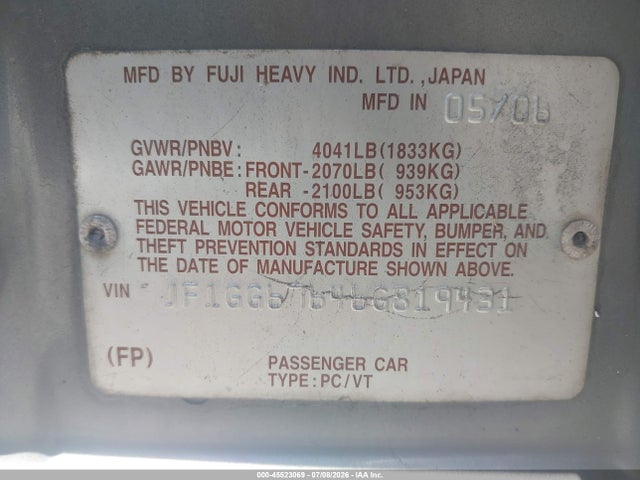 Aukcja sprzedaży 2006 Subaru Impreza 2.5i, vin: JF1GG67646G819431, numer aukcji: 45523069