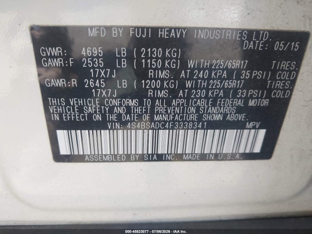 Subaru Outback 2.5i Premium 2015 4S4BSADC4F3338341 Image 9