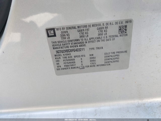 Продажа на аукционе авто 2015 Gmc Sierra 1500 Slt, vin: 3GTU2VEC6FG422211, номер лота: 45523135