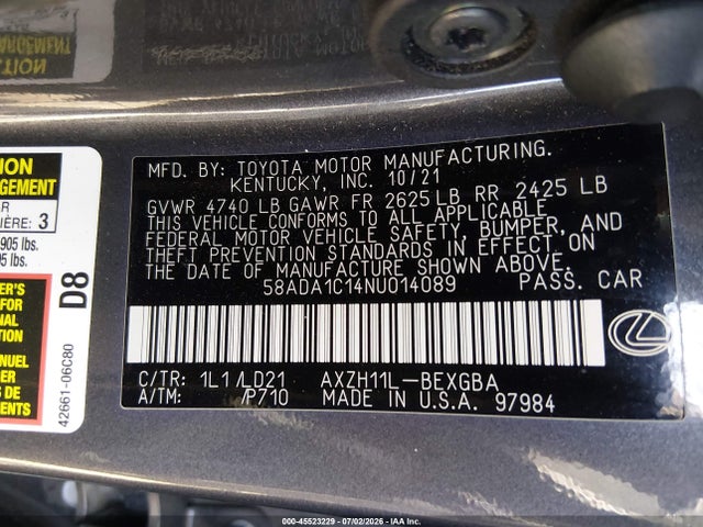 Lexus ES 300H 2022 58ADA1C14NU014089 Image 9