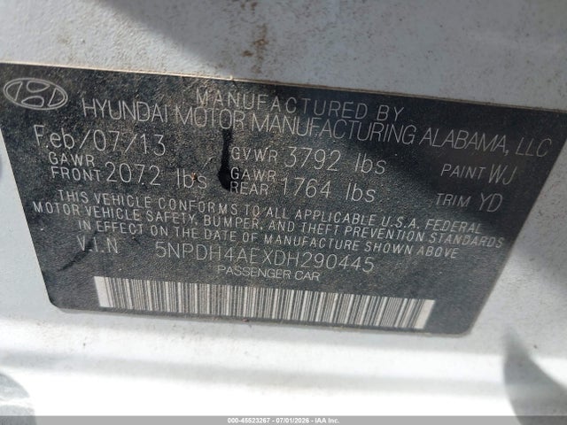 45523267 :رقم المزاد ، 5NPDH4AEXDH290445 vin ، 2013 Hyundai Elantra Gls مزاد بيع