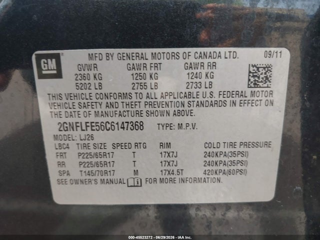 45523272 :رقم المزاد ، 2GNFLFE56C6147368 vin ، 2012 Chevrolet Equinox Ltz مزاد بيع