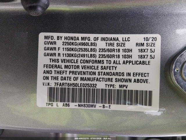 7FART6H50LE025332 Honda Cr-v Hybrid Ex