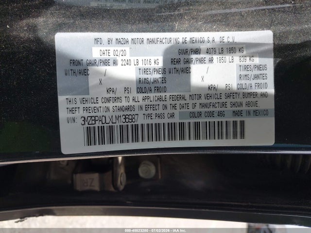 Продаж на аукціоні авто 2020 Mazda Mazda3 Preferred Package, vin: 3MZBPADLXLM136987, номер лоту: 45523280